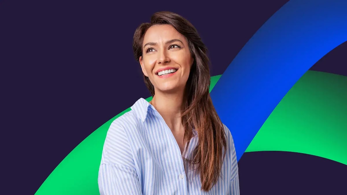 Portrait of a smiling brown-haired woman in a light blue and white striped shirt, looking up and off-camera on a dark purple background, framed by large 3D ribbon shapes in blue and green.